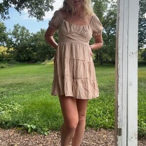 Trixxi Tiered Puff Sleeve Milkmaid Dress Tan Size Medium Cottagecore Fairytale